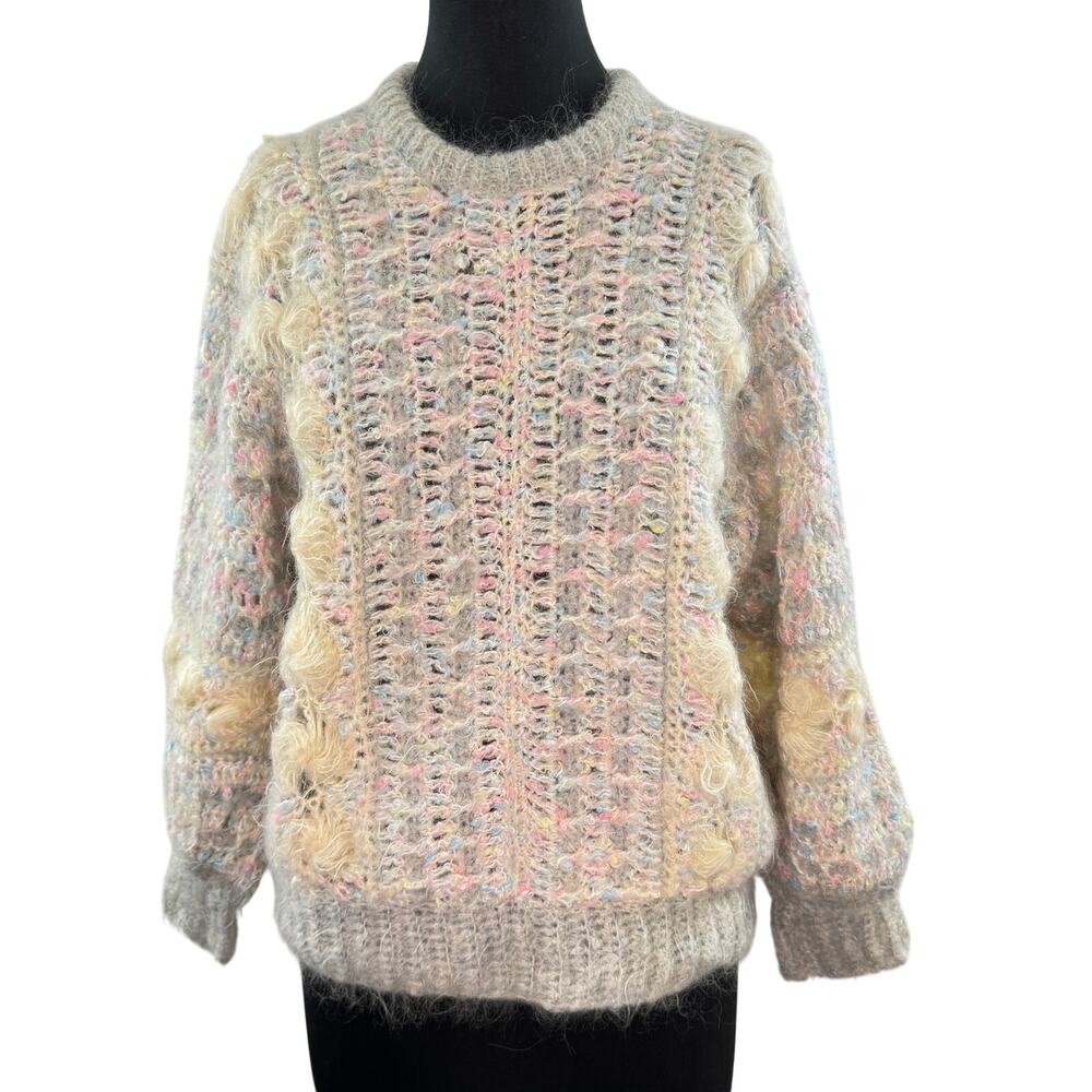 VINTAGE Sheleen Of Dublin Pastel Sweater Hand Crochet Mohair Fairy Crew Pullover